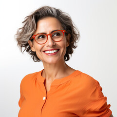 Obraz premium A woman with short hair and glasses is smiling and wearing an orange shirt. She is happy and confident