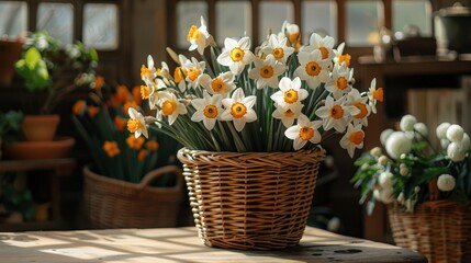  A basket of daffodils sits on the table, surrounded by potted plants
