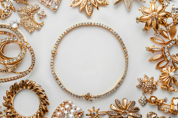 A collection of gold and diamond jewelry, including a gold necklace and a gold flower brooch. The jewelry is arranged in a circle on a white background, creating a sense of unity and harmony