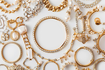 A collection of gold and white jewelry, including bracelets, necklaces, and earrings - obrazy, fototapety, plakaty