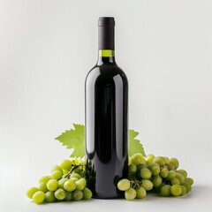 A dark bottle of white wine, with green grapes on the ground on a white background.