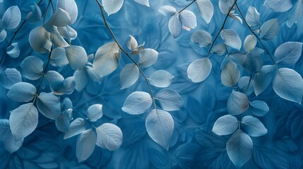 Delicate eucalyptus branches arranged diagonally on a blue textured background. Stylish botanical composition with a dynamic angle. Nature design element with space for text. - obrazy, fototapety, plakaty