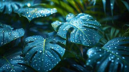 Lush monstera leaves with water droplets in a tropical setting. Vibrant nature and freshness concept. Dewy green foliage close-up for environmental themes. - obrazy, fototapety, plakaty