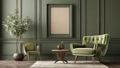 Living room or buisness hall scene in deep green colors. Combination of olive and beige brown. Empty wall blank - olivegreen background and luxury armchair. Premium reception area for art. 3d