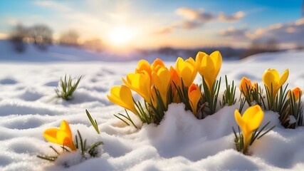 Nature lighting of a spring landscape with the first yellow crocus blooming on snow in the sun and a gorgeous sky. Life or Nature Botanical Concept - obrazy, fototapety, plakaty
