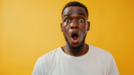 young shocked african american guy in white oversized t-shirt is surprised on yellow isolated background  - obrazy, fototapety, plakaty