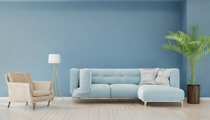 Livingroom or buisness hall scene light pastel color. Lounge room - blue sky paint and velor. Empty...