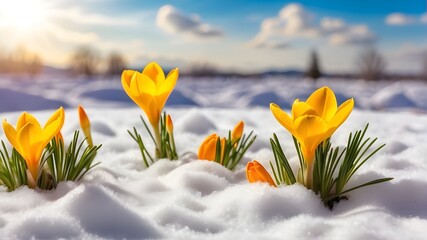 Nature lighting of a spring landscape with the first yellow crocus blooming on snow in the sun and a gorgeous sky. Life or Nature Botanical Concept