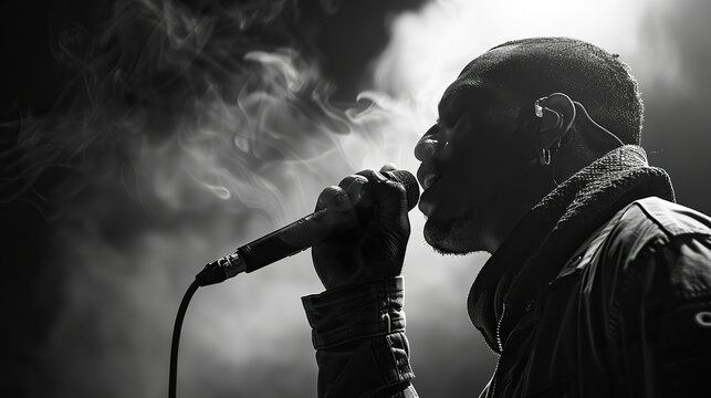 A man is singing into a microphone while smoking. The image has a dark and moody atmosphere, with the man's face obscured by the smoke and the microphone. The man's expression is intense and focused