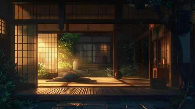 Japanese room very cozy anime style with the feel of the morning; is perfect for background projects; 4k virtual video animation.