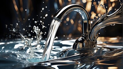 "A digital illustration of a steel chrome faucet with water flowing from it. The faucet is stylized with bold lines and exaggerated proportions, giving it a modern and artistic flair. Water flows from
