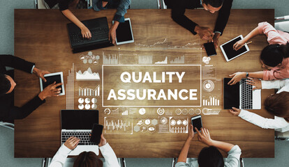 Quality Assurance and Quality Control Concept - Modern graphic interface showing certified standard...