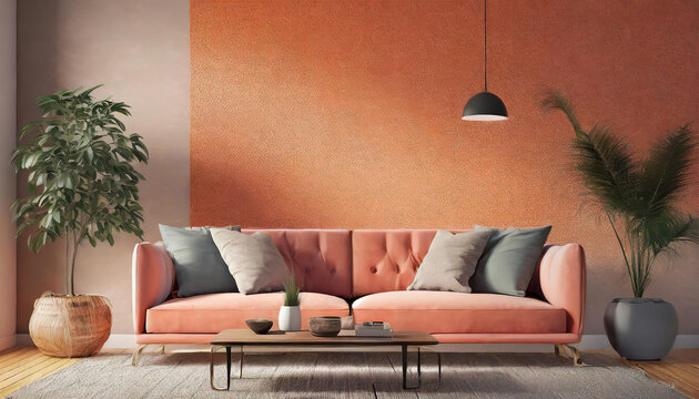 Livingroom with accent bright peach fuzz 2024 sofa and pale orange coral wall. Large sofa with cushions in velor fabric. Lounge area in the home. Mockup luxury design room and furniture. 3d