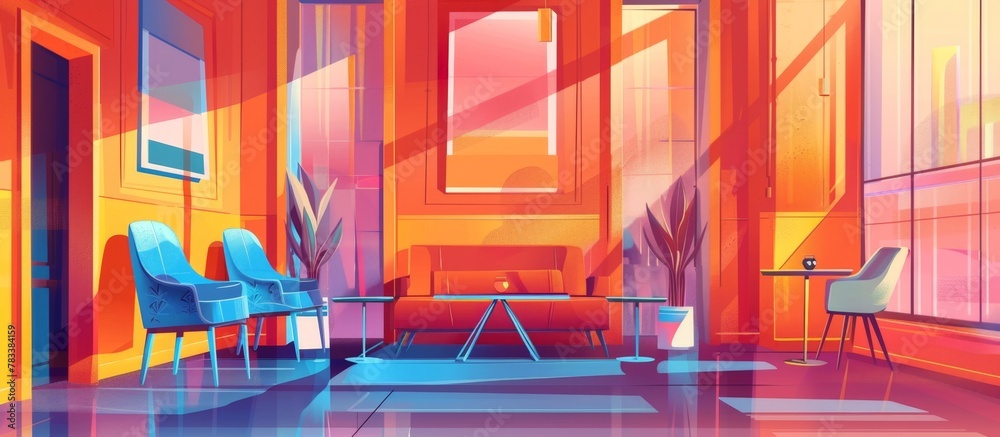 Wall mural Colorful illustration featuring a chair, table, and laptop in a room setting