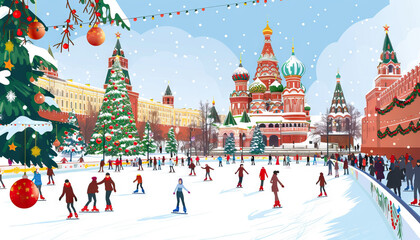 Ice Skating in Gorky Park: A lively scene of people ice skating in Gorky Park in Moscow, with festive decorations and winter activities