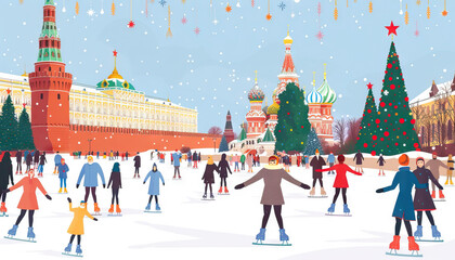 Ice Skating in Gorky Park: A lively scene of people ice skating in Gorky Park in Moscow, with festive decorations and winter activities
