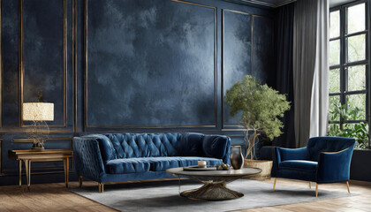 Luxury living room with small blue navy colour couch. Accent empty wall with decorative deep black plaster stucco microcement or silk texture. Dark modern interior design home. Mockup art. 3d render