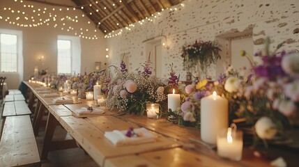   A long table adorned with an assortment of flowers, candles burning gently on its sides