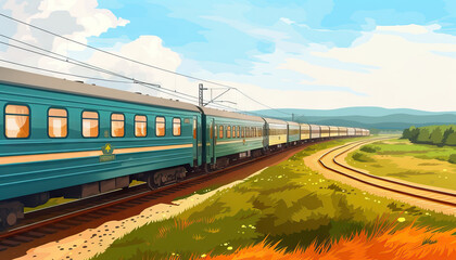 Obraz premium Trans-Siberian Railway Journey: An adventurous journey aboard the Trans-Siberian Railway, passing through vast landscapes, remote villages, and scenic vistas.