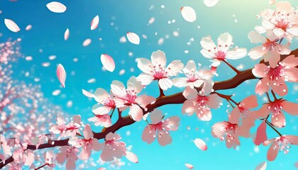 Beautiful cherry blossom petals dance magically and gently against the blue sky, and the sounds of spring blow through with a pleasant breeze.