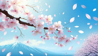 Beautiful cherry blossom petals dance magically and gently against the blue sky, and the sounds of spring blow through with a pleasant breeze.