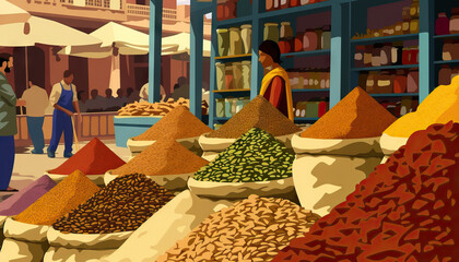 Spice Market Exploration: A bustling spice market scene, with vendors selling aromatic spices like cardamom, cinnamon, turmeric, and saffron in colorful displays