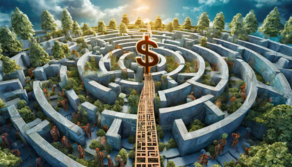 Money maze business challenge labyrinth finance success concept on investment puzzle solution game...