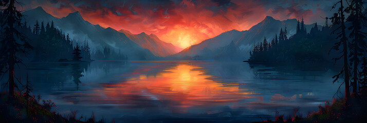  Sunset in the Mountains at a Calm Lake,
Sunset over a lake with mountains in the background
