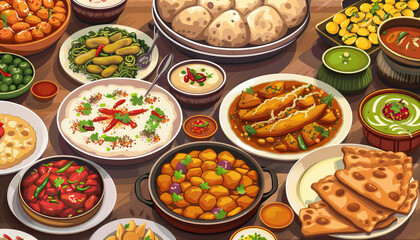 Diverse Cuisine Buffet: A tempting buffet spread showcasing the diverse cuisine of India, with dishes from different regions such as North Indian, South Indian, Mughlai, and coastal delicacies