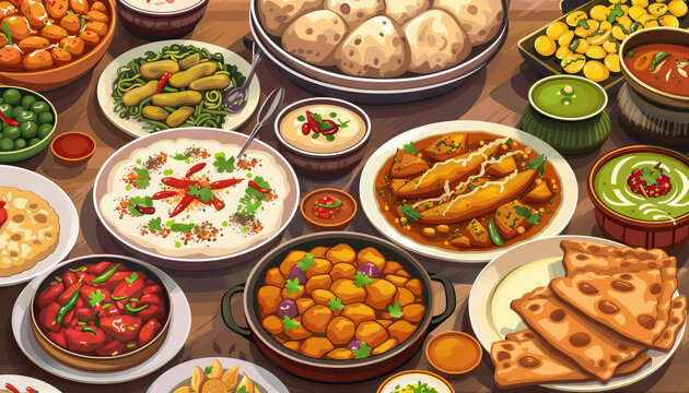 Diverse Cuisine Buffet: A tempting buffet spread showcasing the diverse cuisine of India, with dishes from different regions such as North Indian, South Indian, Mughlai, and coastal delicacies