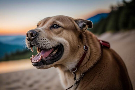 a close-up of a mixed breed dog with its mouth open. The dog is sitting on the beach at sunset. The dog has a red collar on and appears to be panting.
