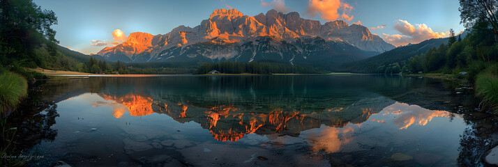 Sunset at a Calm Mountain Lake in Austria ,
Zugspitze mountain view during summer evening Bavarian Alps Bavaria Germany
