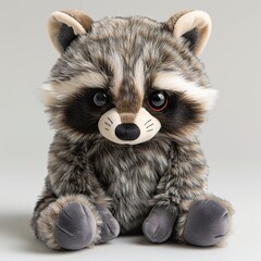 A cute raccoon plush toy on a white background emanating an aura of sweetness and innocence. Soft plush raccoon with a friendly expression.
