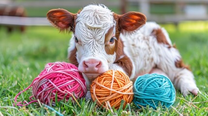   A brown-and-white cow lies on a grassy field, surrounded by balls of yarn