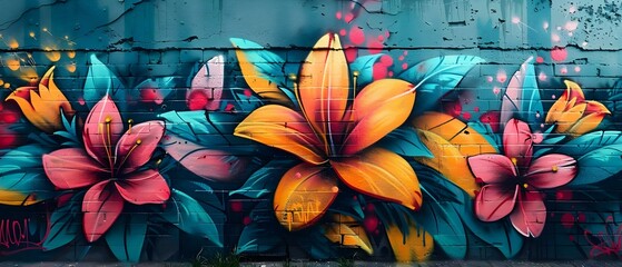 Vibrant Floral Graffiti Art on Urban Canvas. Concept Urban Art, Floral Graffiti, Vibrant Colors, Street Photography, Cityscape - obrazy, fototapety, plakaty