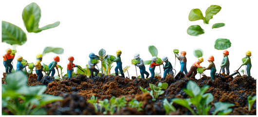 a group of miniature people are planting plants in the soil. Transparent Background PNG