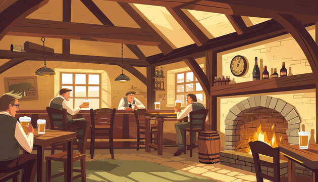 English Countryside Pub: A cozy countryside pub scene in England, with a thatched roof, wooden beams, fireplace, and locals enjoying pints