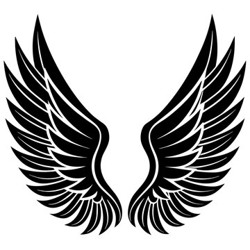 A pair of stylized black wings are depicted against a white  background, each consisting of multiple layered feather