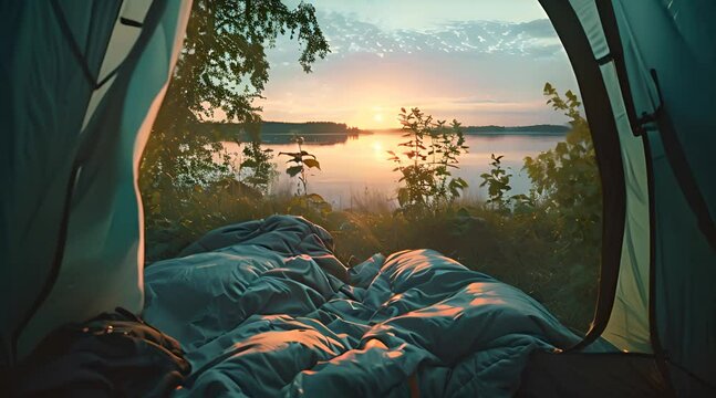 View of the serene landscape from inside a tent. Camping at campsite with sleeping bags. Stunning sunrise 4K Video