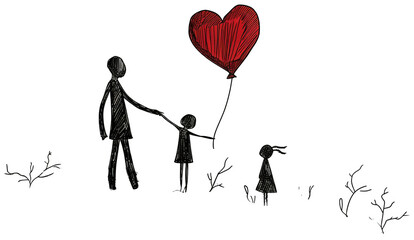 a man and a child holding hands and holding a red balloon. Transparent Background PNG - obrazy, fototapety, plakaty