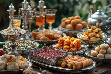 Fototapeta na wymiar elegant feast table setting with assorted gourmet sweets, pastries and tea