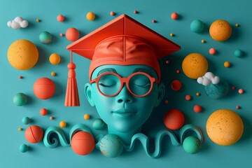 Blue Man in Graduation Cap and Glasses. Generative AI - obrazy, fototapety, plakaty