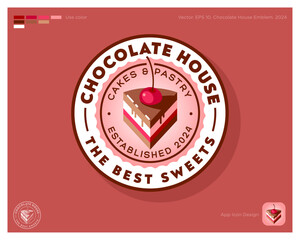 Chocolate house emblem. Identity. A piece of chocolate cake with cherry in a circle. Identity. App button.