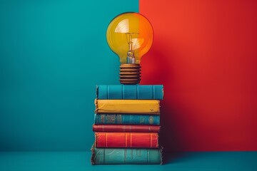 Light Bulb on Stack of Books. Generative AI