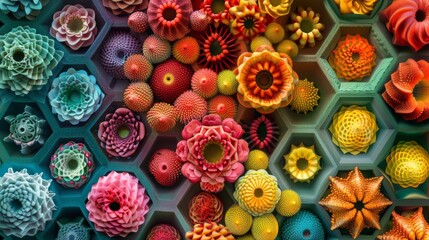 A colorful flower arrangement on a wall with many different colors, AI - obrazy, fototapety, plakaty