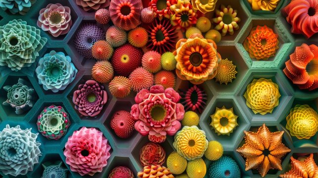A colorful flower arrangement on a wall with many different colors, AI