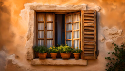 ge&ouml;ffnetes Fenster mit Gardinen und Fensterl&auml;den aus Holz an einer alten Fassade mit orangen Putz und Kr&auml;utern Blumen T&ouml;pfe, wie in mediterranen L&auml;ndern im warmen Sonne Licht dekorativer Hintergrund