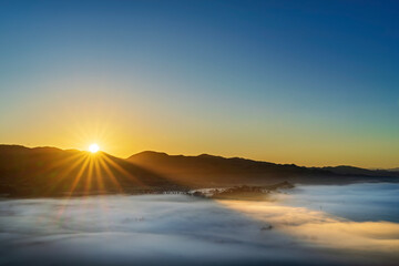sunset, sunrise over mountains, valley, clouds, fog, dawn, dusk
