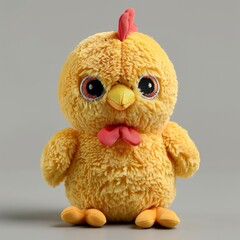 A cute chicken plush toy on a white background emanating an aura of sweetness and innocence. Soft stuffed chicken with a friendly expression. - obrazy, fototapety, plakaty
