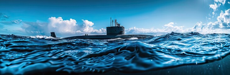 Aerial drone photo of latest technology naval armed forces submarine cruising in deep blue open ocean sea. AI generated illustration